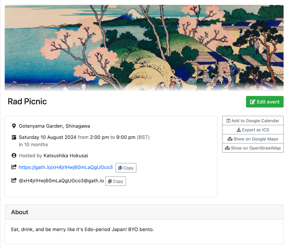 An example event page for a picnic. The page shows the event's location, host, date and time, and description, as well as buttons to save the event to Google Calendar, export it, and open the location in OpenStreetMap and Google Maps.